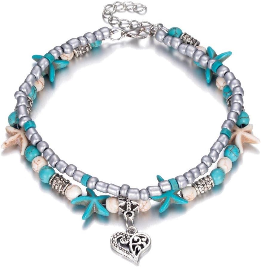 Blue Starfish Turtle Anklet for Women Multilayer Charm Beads Sea Handmade Boho Anklet Foot Jewelry