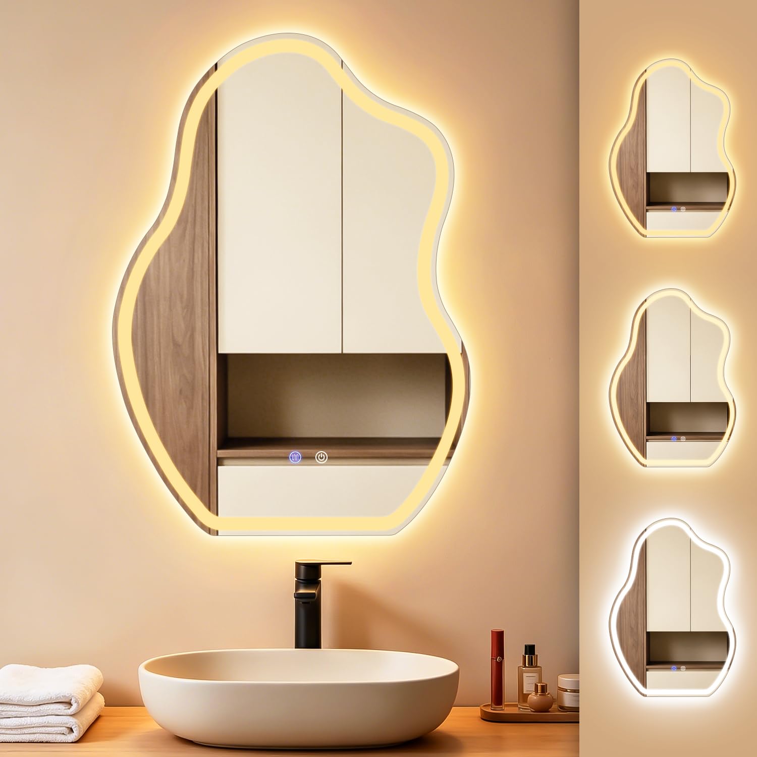 Asymmetrisch Badspiegel Mit Beleuchtung,50x70cm LED Bad Wandspiegel | Badezimmer Wandspiegel Mit Licht, IP44 50x70 cm Asymmetrischer Organischer Groß Gäste WC Badezimmerspiegel Mit Beleuchtet
