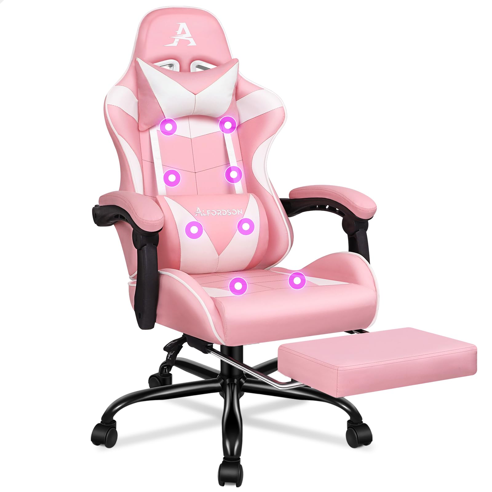 ALFORDSON Ergonomique Chaise Gaming Fauteuil Gamer Siège Bureau avec Massage et Repose-Pieds Rétractable, Inclinable 150°, Hauteur Réglable, 180 kg, pour Le Bureau à Domicile, Cuir PU,Rose
