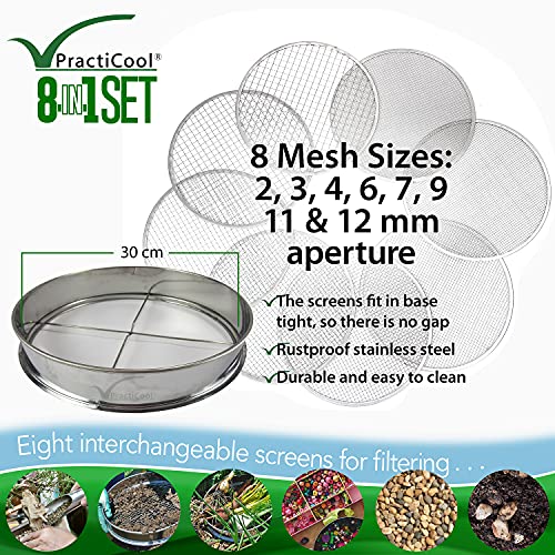 Practicool Garden Potting Mix Sieve - Stainless Steel Riddle - Soil Sifting Pan - With 8 Interchangeable Filter Mesh Sizes - 2,3,4,6,7,9,11,12 Mm And Bonus Spade #TOP1
