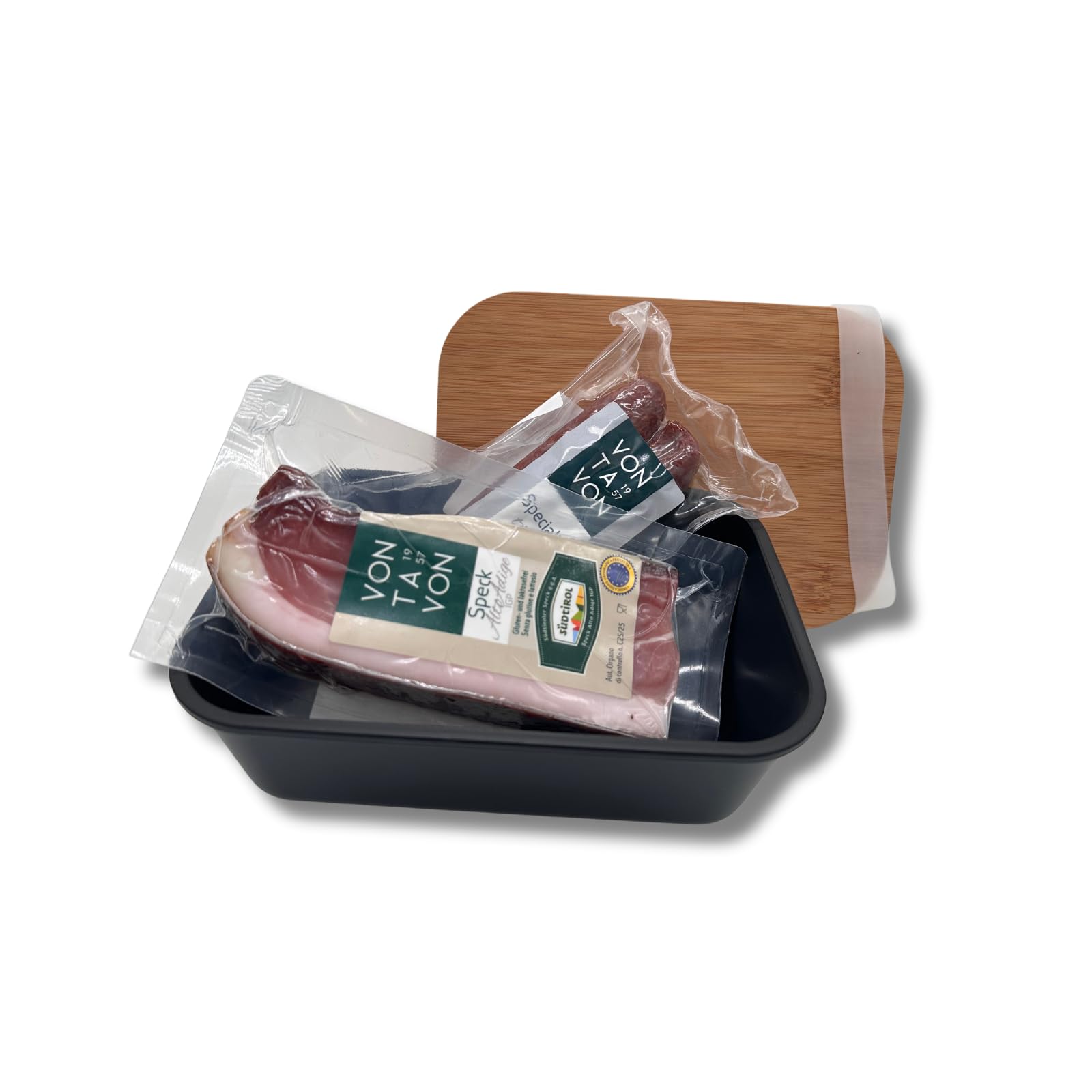 BAVAREGOLA Südtiroler Brotzeitbox - 200g Stück Südtiroler Speck g.g.A & 2 Kaminwurzen in der modernen Frischhaltedose - Südtiroler Spezialitäten als kleines Geschenk für Männer & Frauen