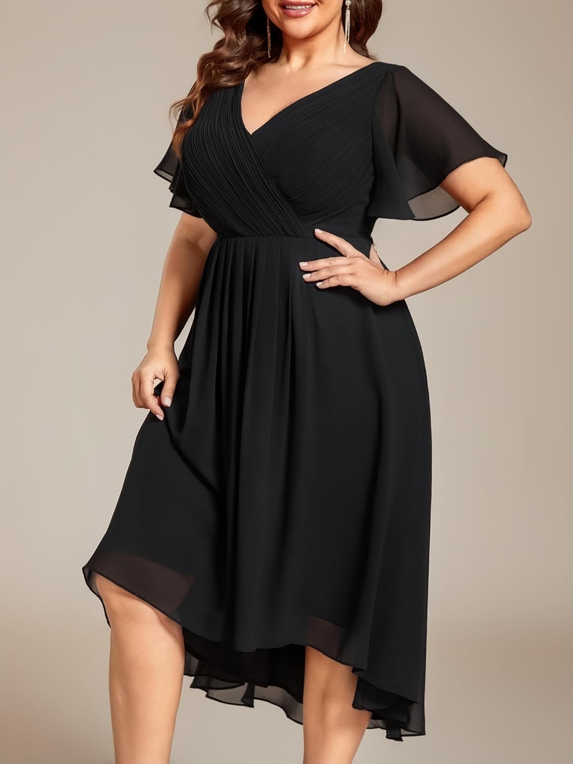Ever-Pretty Plus Women's Cocktail Party Dress Short Sleeves V Neck A Line Chiffon Maxi Plus Size Wedding Guest Dresses - Image 3