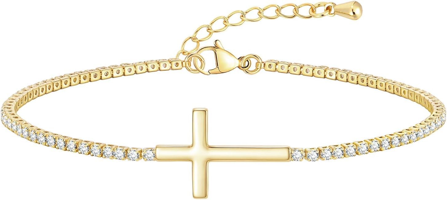 14k Gold Plated Cross Bracelet for Women - Cubic Zirconia Tennis Bracelets