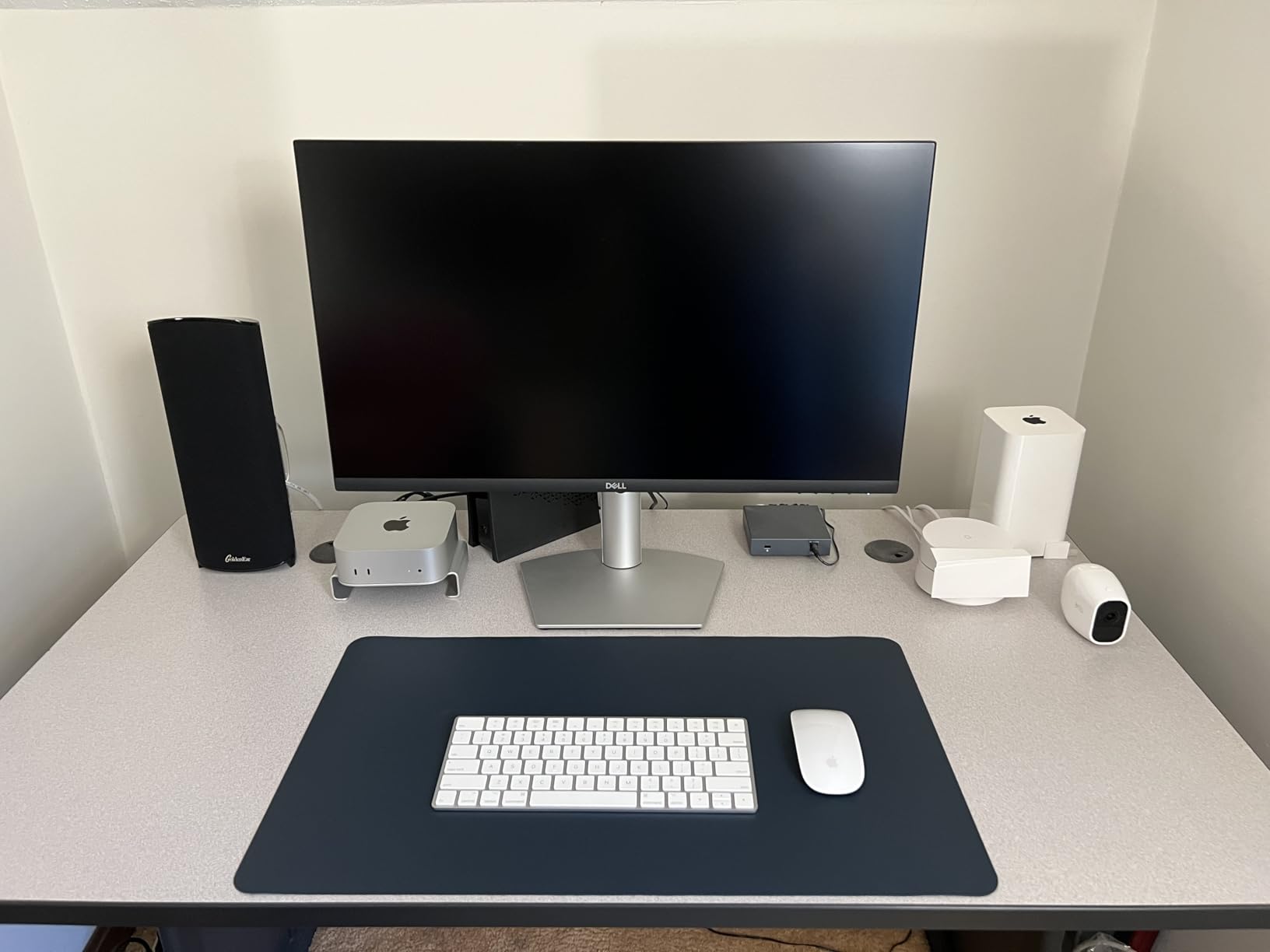 Front view of desk setup with mat