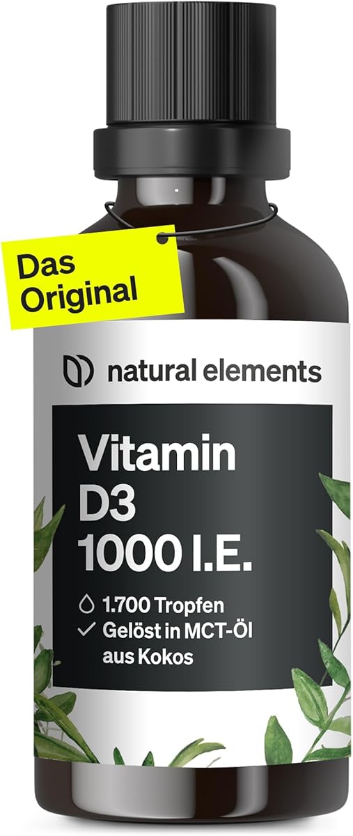 natural elements Vitamin D3 Tropfen – 1000 I.E. pro Tagesdosis (1 Tropfen) – Langzeitvorrat mit 50 ml – für beste Bioverfügbarkeit in MCT-Kokosöl gelöst – flüssig, hochdosiert, vegetarisch