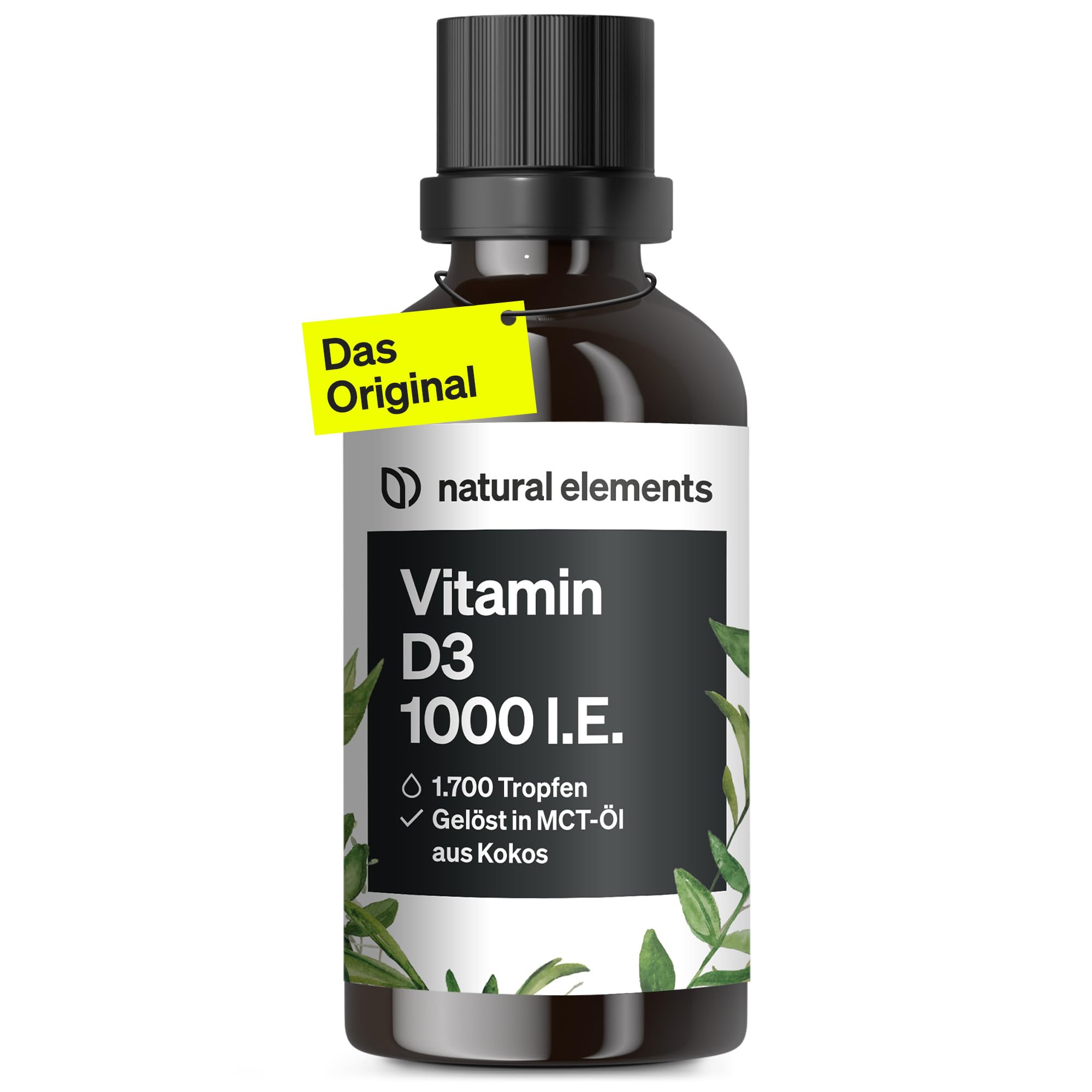 natural elements Vitamin D3 Tropfen – 1000 I.E. pro Tagesdosis (1 Tropfen) – Langzeitvorrat mit 50 ml – für beste Bioverfügbarkeit in MCT-Kokosöl gelöst – flüssig, hochdosiert, vegetarisch