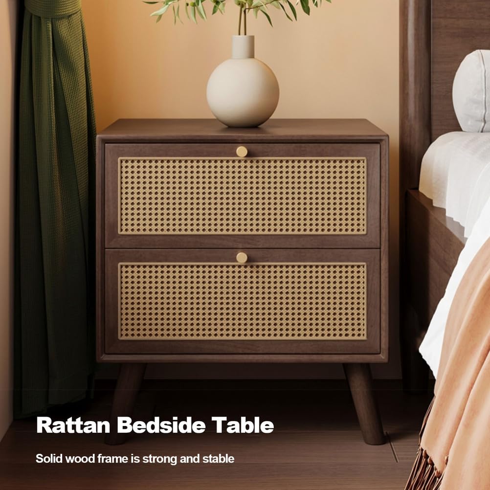 Mesa auxiliar de ratán con cajones, mesita de noche moderna, mesa auxiliar de madera para sala de estar y dormitorio, armario de almacenamiento bohemio, acabado de nogal, elegante decoración del hogar