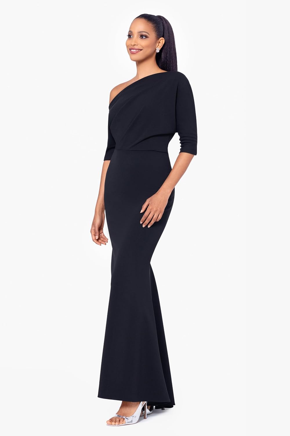 Betsy & Adam Women's Long One Sleeve Off Shoulder Scuba Crepe Sheath Gown, Black, 6 - Image 2