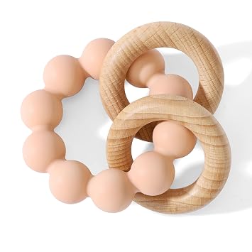 Socub Baby Teething Toys for 0-6 6-12 Months- BPA-Free Food-Grade Silicone & Natural Beech Wood Teether Ring for Newborn Infants Teething Relief- Easy-Grip Sensory Rattle ToysBlush