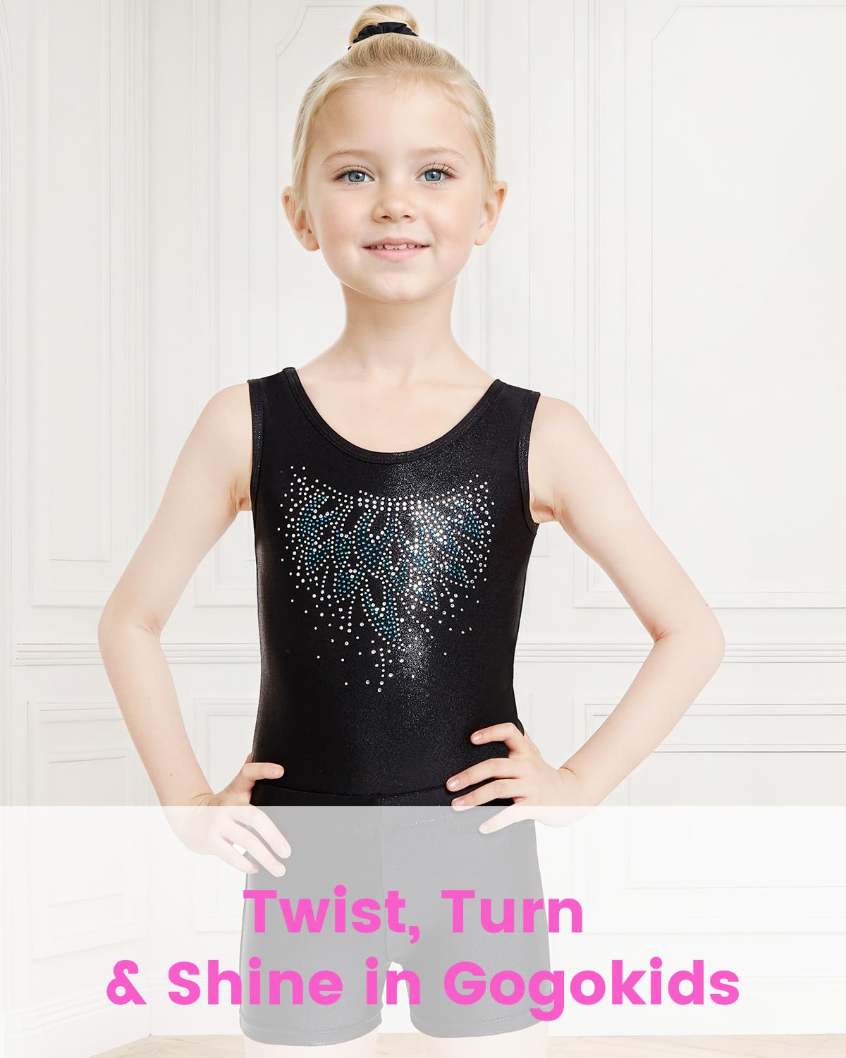 Gogokids Conjunto de gimnasia de tres piezas para niña, cuello en Y, sin mangas, con pantalones cortos y diadema, traje de gimnasia con diseño de bloques de color azul y morado, 3-12 años — view 6