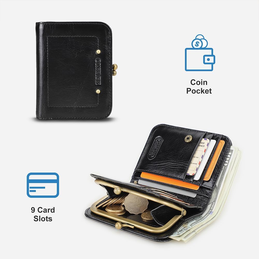 CONTACTS Full Grain Leather Kiss Lock Wallet for Women Kiss Clasp Coin Purse Slim Vintage Bifold Card Holder Small RFID Wallet (Black) - Image 9