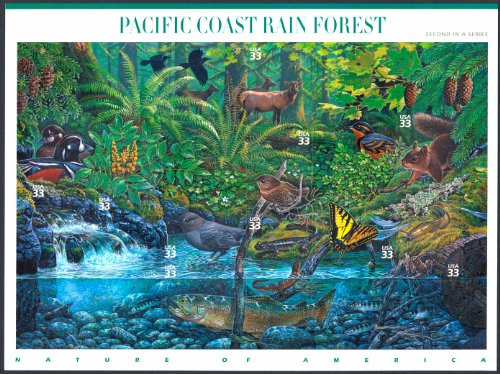 Pacific Coast Rain Forest (Nature of America), Full Sheet of 10 x 33-Cent Postage Stamps, USA 2000, Scott 3378