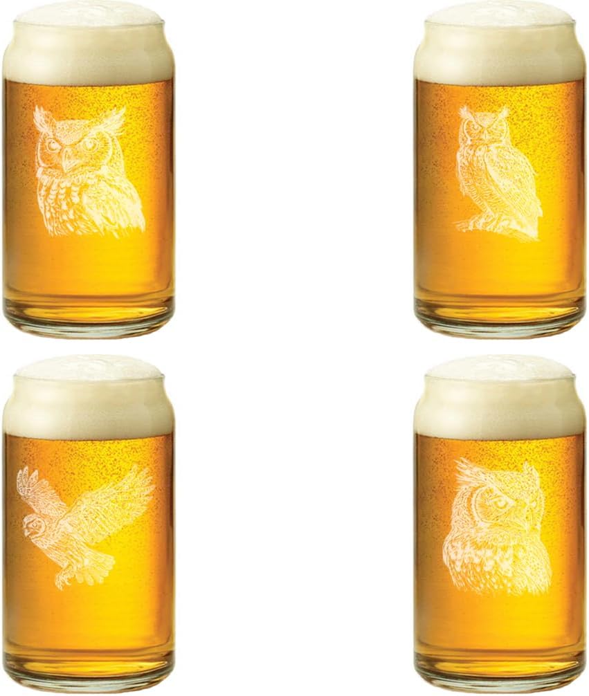 MIP 16 oz Beer Can Glass Gift Set of 4 Owl Collection