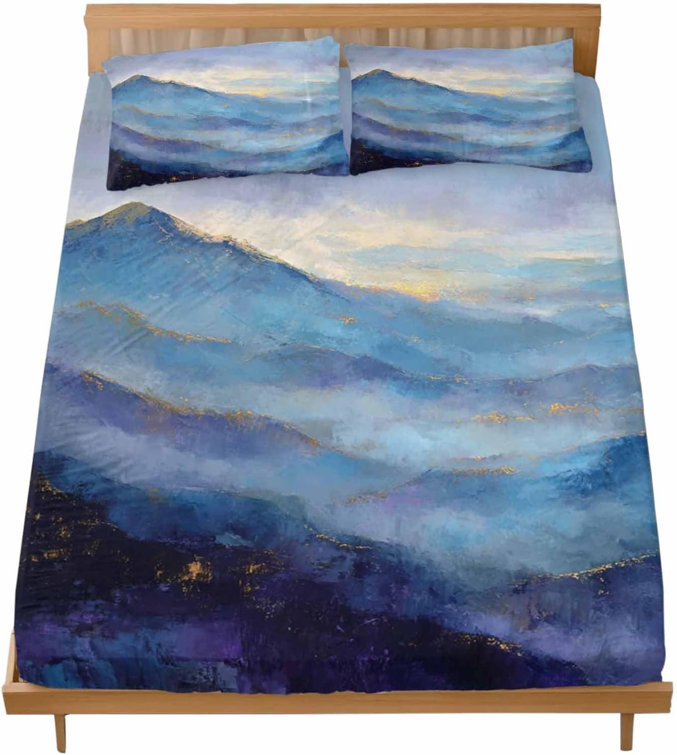 Modern Oil Painting Queen Fitted Sheet Set, Retro Abstract Art Mountain Forest Soft Deep Pocket up to 16"-Easy Fit Bed Sheets with Elastic Strap, Breathable Micorfiber Bedding Set with Pillowcase