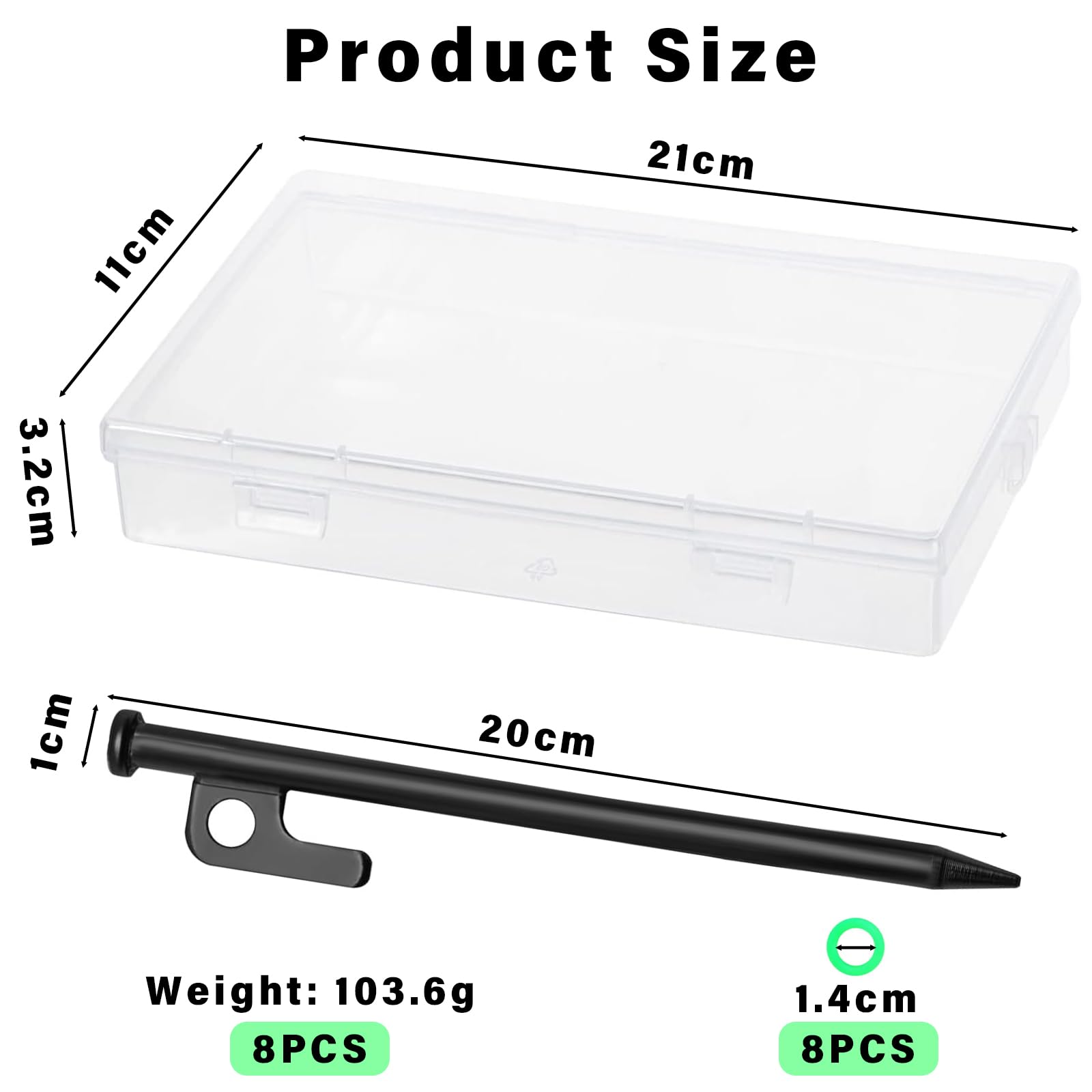 Lot De 8 Piquets De Tente En Acier Forgé – 20 Cm De Long, 0,9 Cm De Diamètre, Tête Plate, Trou Pour Corde, Avec Sac De Rangement, Noir Anti-rouille
