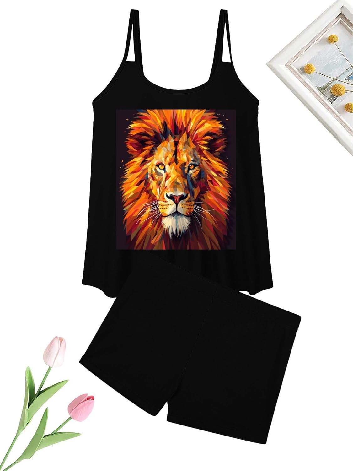 Yellow Lion Head Tankini Swimsuits for Women Tummy Control Two Piece Bathing Suits Swim Tops with Boy Shorts