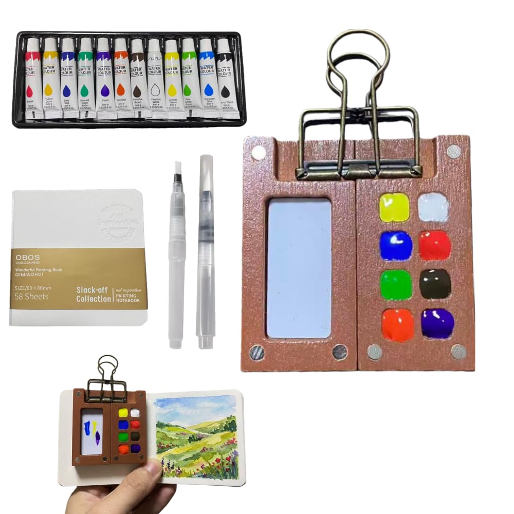 Zynthytic Mini Watercolour Kit Pocket Watercolour Paint Set Watercolor Travel Set with 8 Grids Wooden Palettes Metal Clip Sketchbook for Artists (8 Gride+12 Watercolors)
