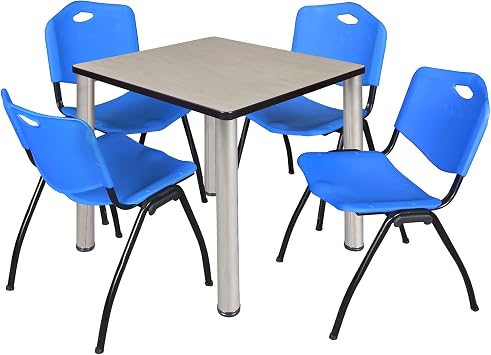 Regency Kee 30 in Square Breakroom Table- Maple Top, Chrome Legs, 4 M Stack Chairs- Blue