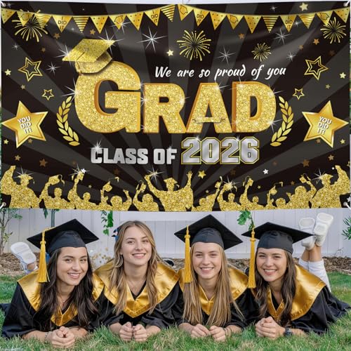 Image of Graduation Decorations, Graduation Banner 2026, Black and Gold Congrats Grad Banner, Large Class of 2026 Grad Sign, We Are So Proud of You Party Backdrop for Yard Wall Door Party Decoration 180*110cm