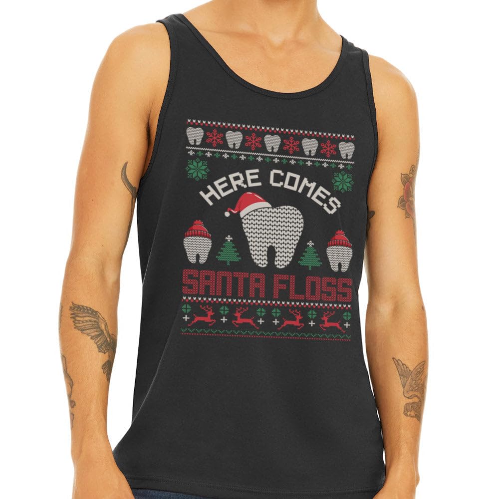 Here Comes Santa Floss Christmas Dentist Tank Top Unisex Medium Black