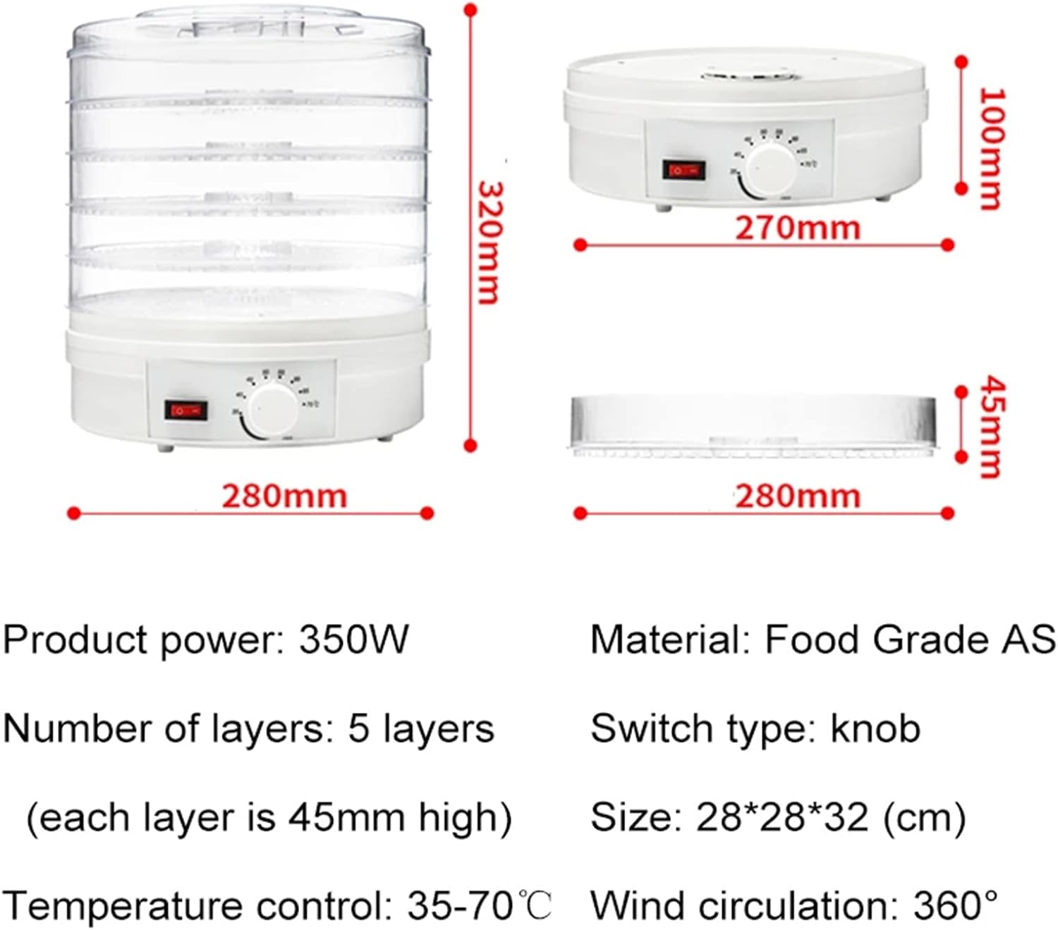 Food Dehydrator 5 Tier – Fruit Dryer 350W with Adjustable Temperature Control from 35-70°C, Removable Trays, for Jerky, Meat, Fruit, Vegetables and Healthy Snacks