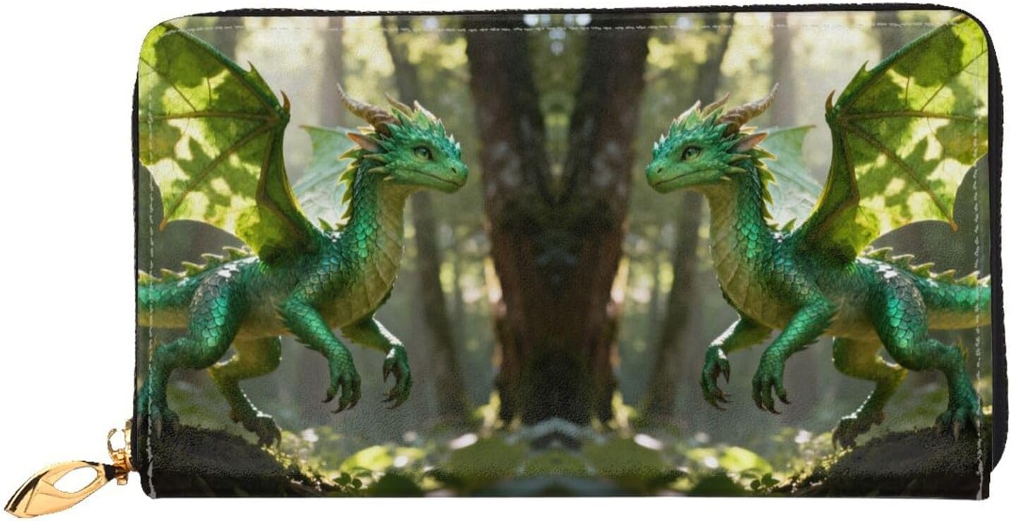 Cute dragon pattern Long Zip Around Wallet for Women, Large Capacity RFID Leather Wristlet Wallet with 12 Card Slots Coin Purse, Fashion Clutch Purse with Wrist Strap