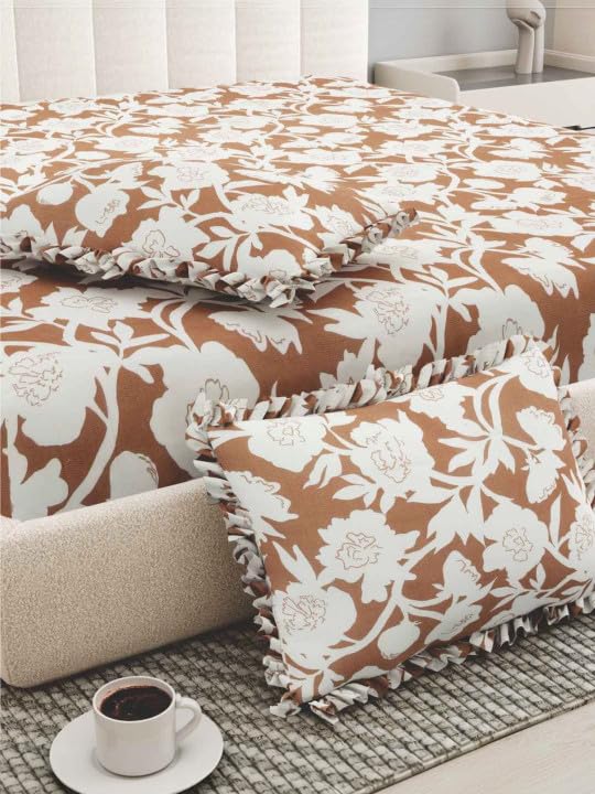Image of 350 TC Premium Heavy Cotton Feel Elastic Fitted Bedsheet King Size with 2 Frill Pillow Covers King Size || Double Bed with All Around Elastic (Brown Floral, Double)
