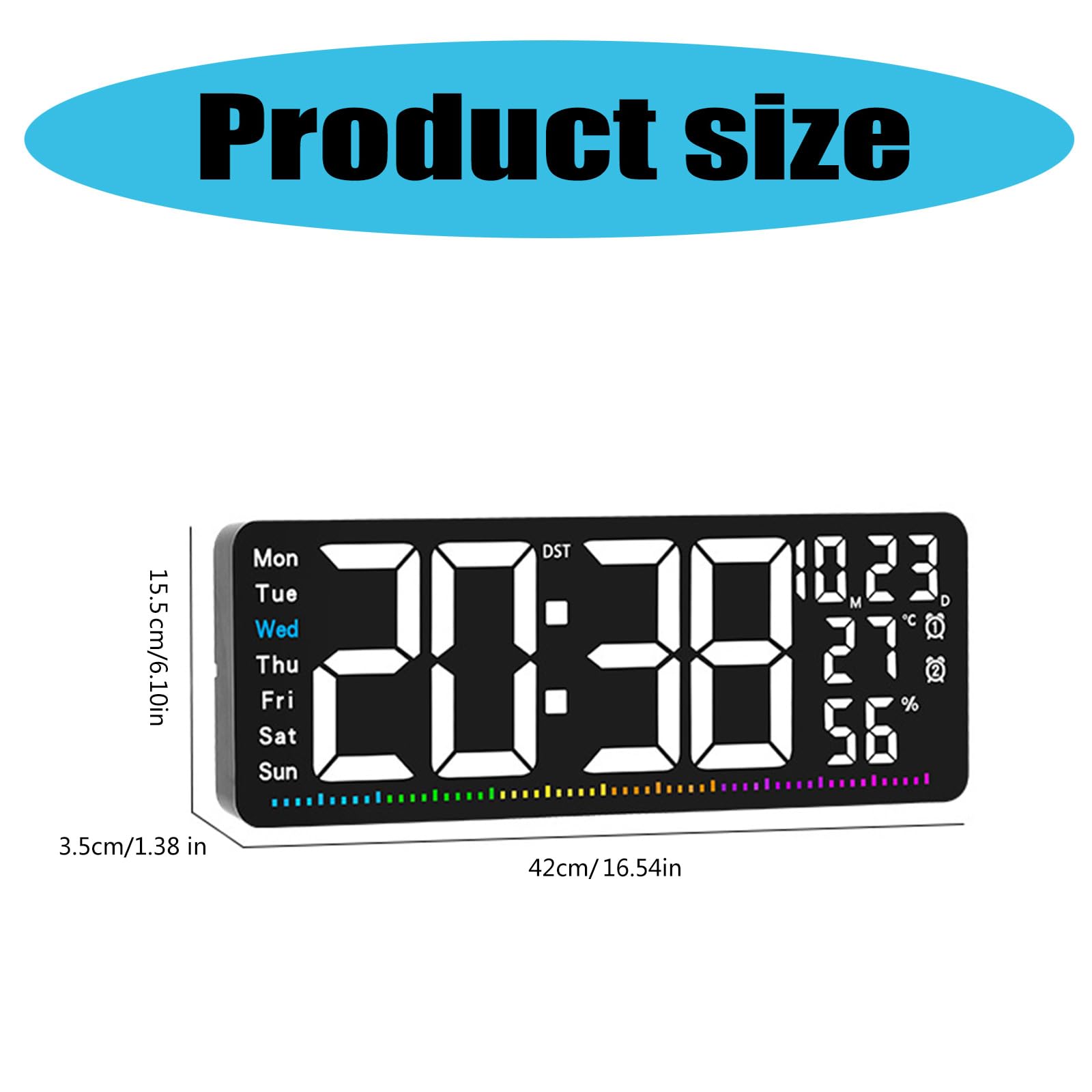 Reloj LED colorido de 16.5 pulgadas con fecha de hora, azul