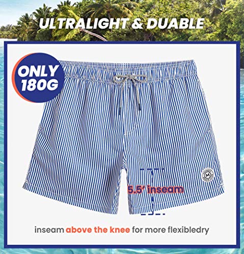 Maamgic Mens Swim Trunks 5" With Mesh Lining Quick Dry Bathing Suits For Men Swim Shorts Swimwear Blue Stripe #TOP4