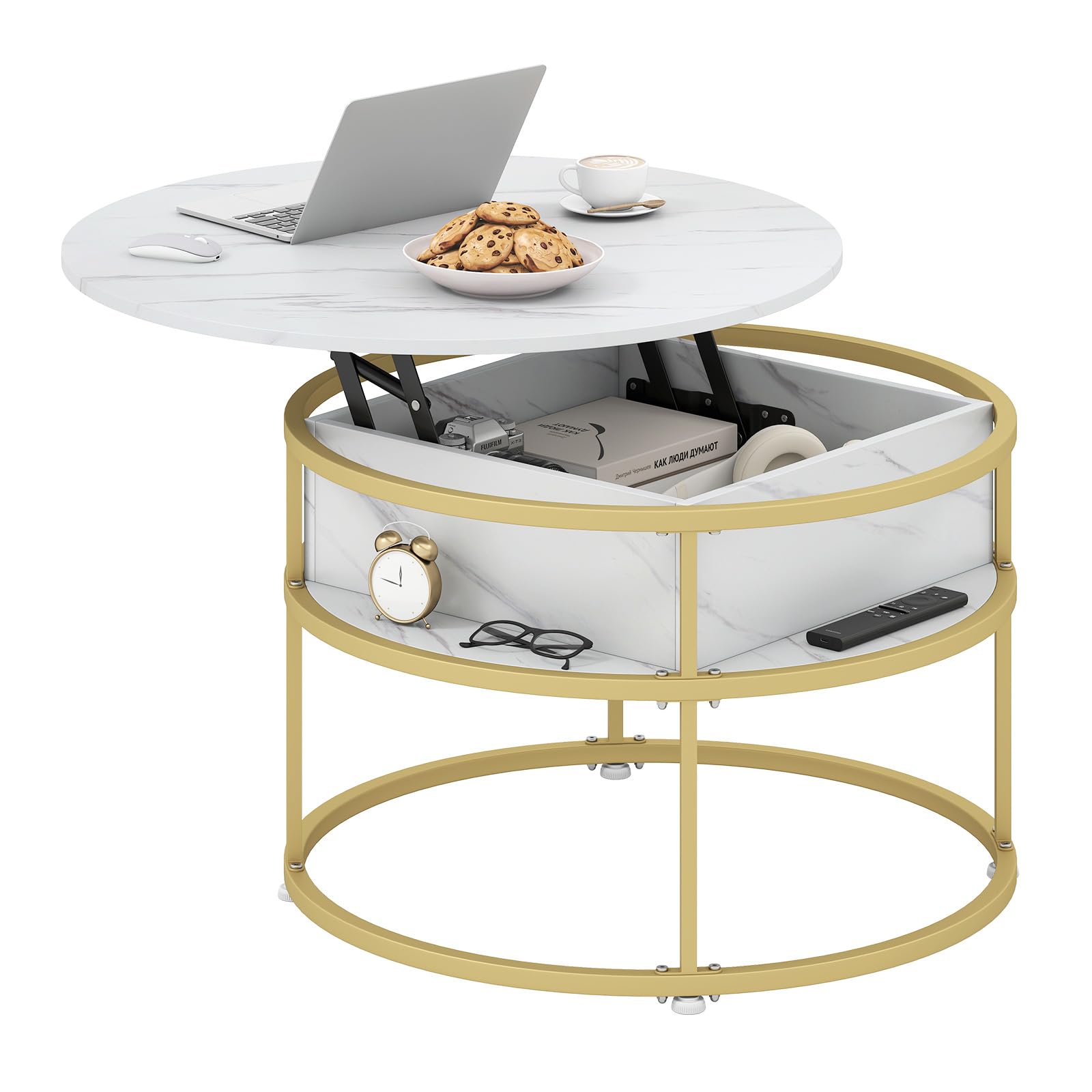 GIANTEX Mesa de Centro Redonda con Tablero Elevable, Aspecto de Imitación de Mármol y Espacio de Almacenamiento Oculto, 80 x 80 x 49 cm, Mesa Auxiliar para Salón, Oficina