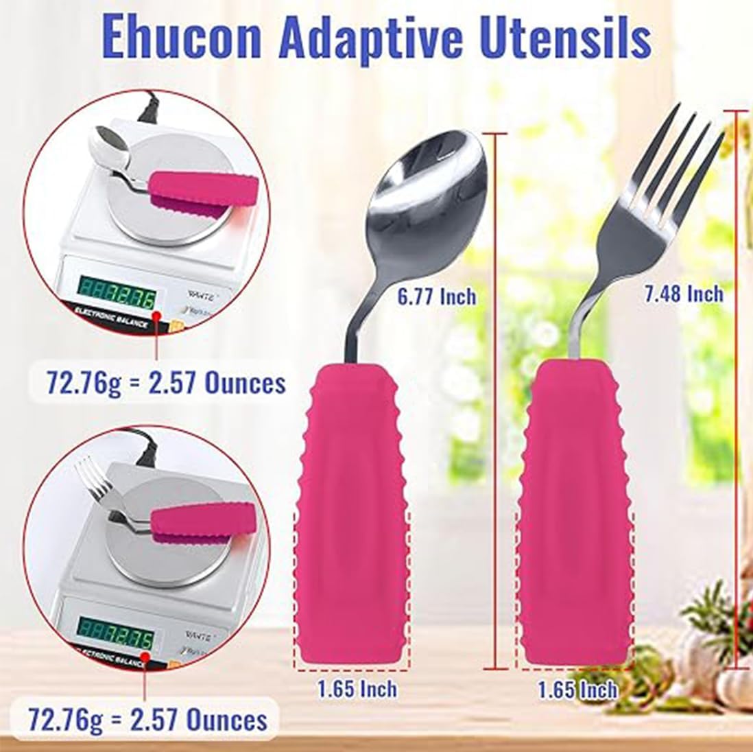 Adaptive Utensils Set for Hand Tremors,Arthritis and Parkinsons -Weighted Silverware with Non-Slip Handle to Easy Grip,Eating Flatware for Elderly Use (Left hand 1fork+1spoon=1set,Pink)