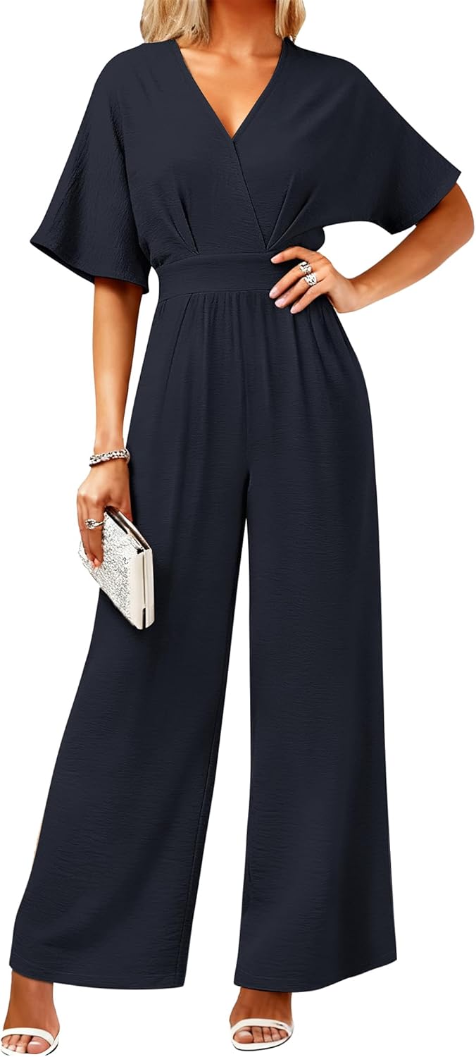 LOOKBOHO Women's One Piece Jumpsuits Dressy Casual V-Neck Batwing Short Sleeve Wide Leg Elegant Ladies Jumpsuit Rompers