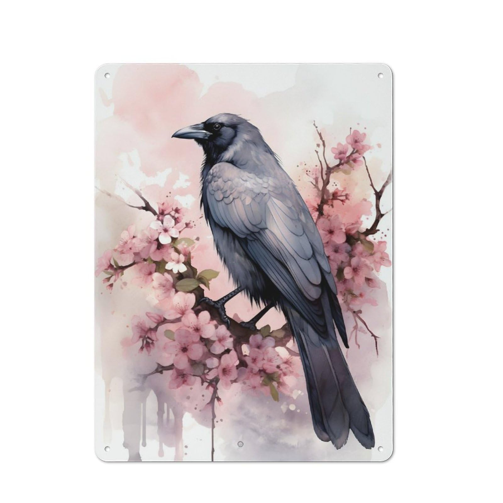 Junmoney Crow Cherry Blossom Shed Style Metal Wall Decor 40X30cm, Tin Sign For Conservatory, Home Bar Or Utility Room