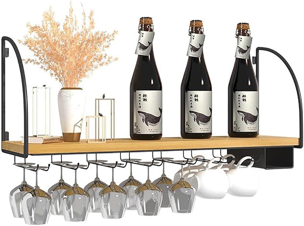 Porte-bouteilles de vin mural noir 100cm en bois et métal avec casier à verres suspendu