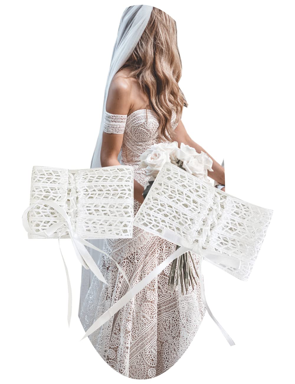 LIPOSAWomen's Ivory Boho Lace Arm Cuff Wedding Accessory for Brides and Bridesmaids 2 PCS Adjustable Armband Set, Ivory, L