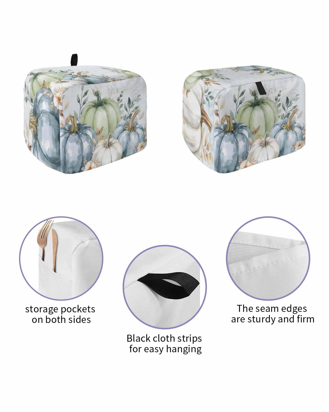 Fall Toaster Cover 2 Slice, Thanksgiving Day White Blue Green Pumpkins Bread Maker Dust Cover with Pockets for Kitchen Small Appliance 12x7.5x8in