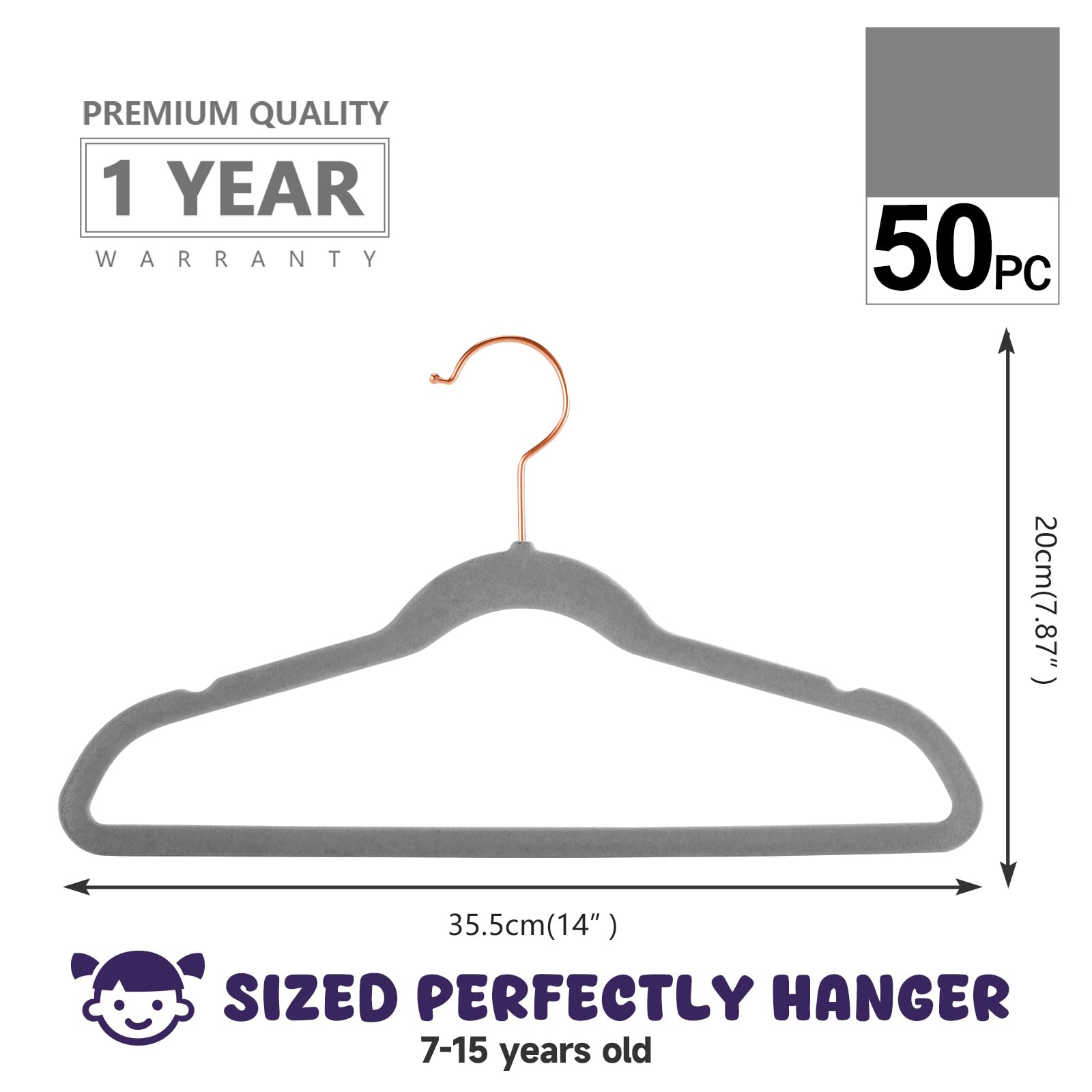 MIZGI Premium Samt-Kleiderbügel für Kinder, 35,6 cm breit, mit Kupfer-Roségold-Haken, platzsparend, rutschfest, knuddelbar, Kleiderbügel, 50 Stück