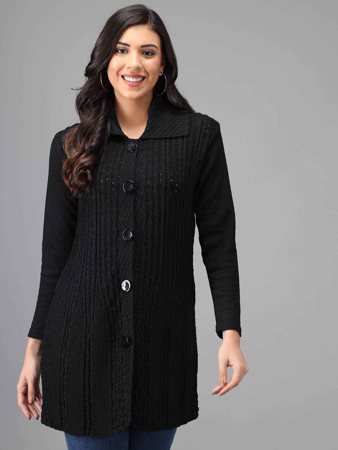 eKools Women's Winterwear Woolen Self Cardigans Banded Collar Sweaters (Black, 2XL) - Image 5 thumbnail