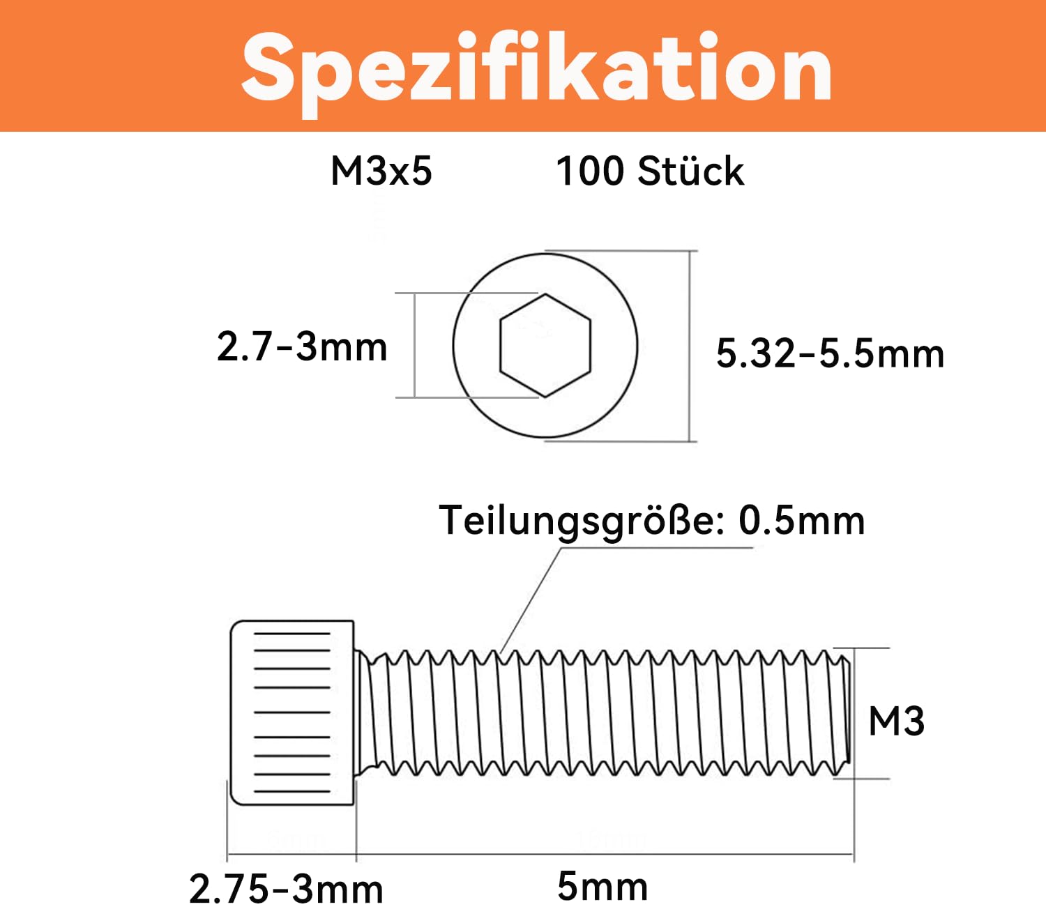 Dayalo 100 sztuk śrub M3 x 5, śruby z łbem cylindrycznym, śruby z łbem sześciokątnym, śruby z łbem płaskim, stal nierdzewna A2 V2A, pełny gwint, śruby imbusowe z kluczem