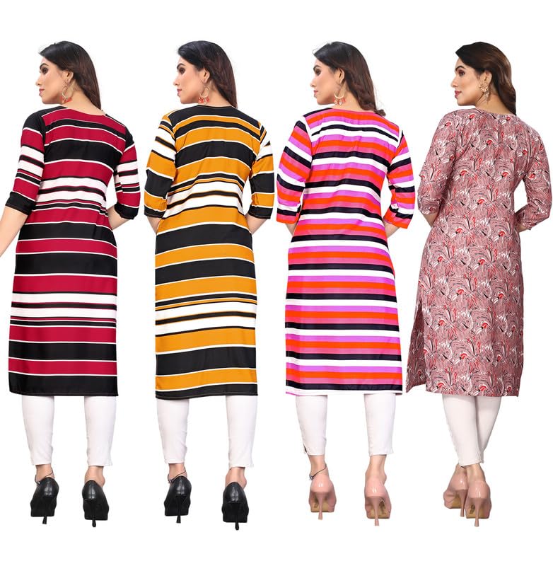 Image of JAKHANA Women's Crepe Printed Casual Straight Calf Length Round Nick Kurta Pack of 4
