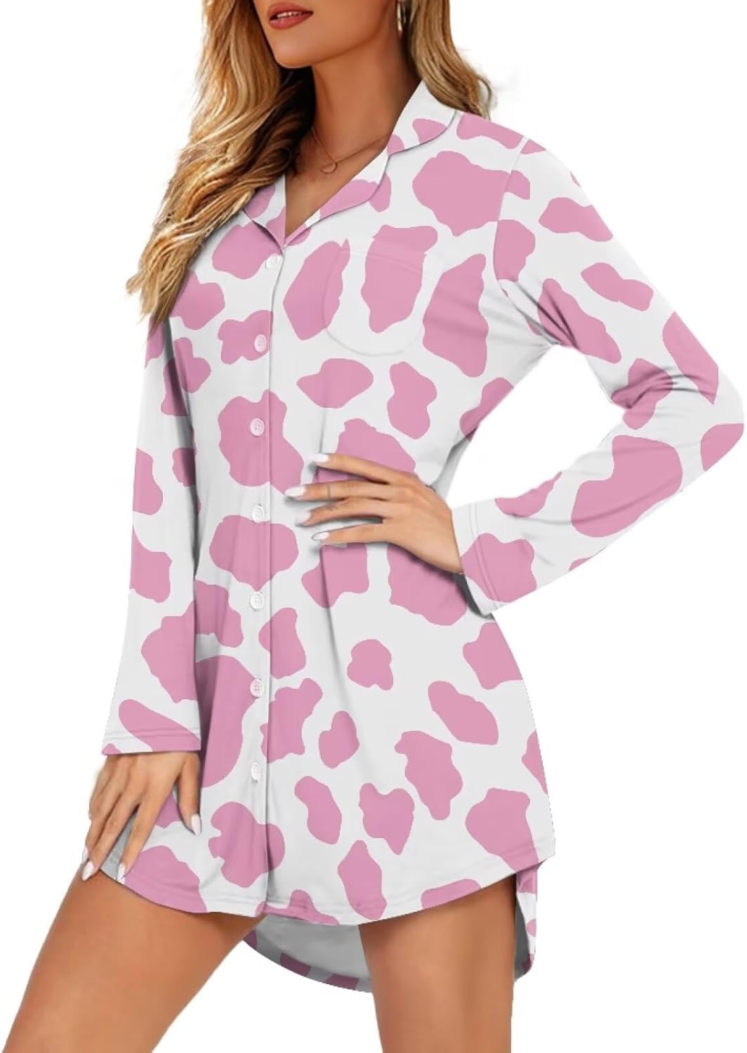 Women's Nightgown Button Long Sleeve Nightshirts Sleepwear Comfy Pajama Dress Nightdress with Pocket