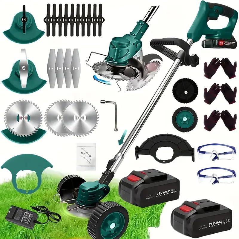 Cordless Electric String Trimmer, 21V, 10-Inch Cutting Width, 2 Batteries, 3 Blades, Telescopic Handle (Dark Green)