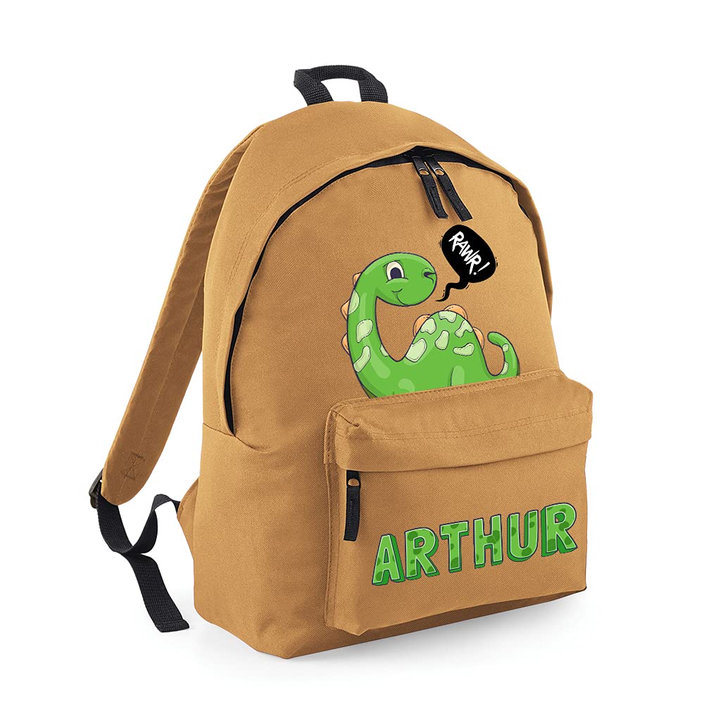 Getagift Personalised with ANY NAME Dinosaur Rawr Fashion Backpack, Toddler Backpack for Nursery/Preschool/Travel/Kindergarten, Bookbags for Kids/Teen Fashion Daypack Rucksack Shoulder Bag. (Caramel)