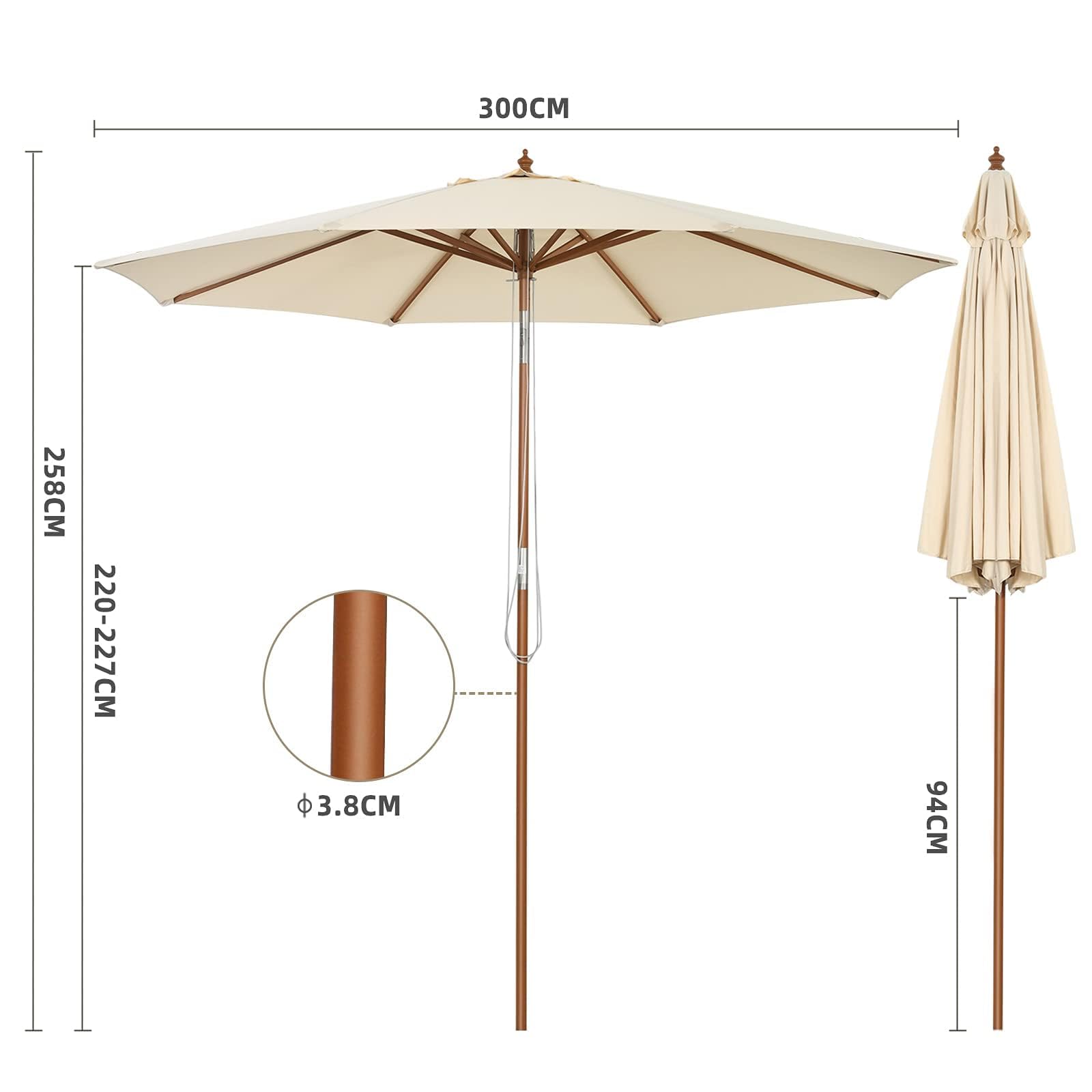 GOPLUS Sonnenschirm Holz, Gartenschirm 260cm UV-Schutz, Marktschirm mit 3-stüfig höhenverstellbar, Balkonschirm, Terrassenschirm tragbar leicht, Tischschirm für Garten, Strand, Terrasse & Pool, Beige