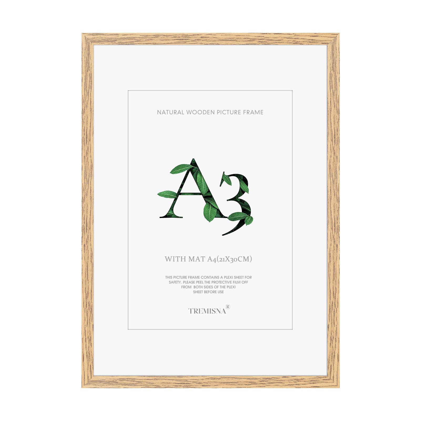 Tremisnaยฎ 1x A3 (29.7x42cm) Natural Wood Picture Frame with Removable Mat for A4 (21x29.7cm) or Use Without Mat for A3 Prints, Includes HD Perspex โ Wall Mountable