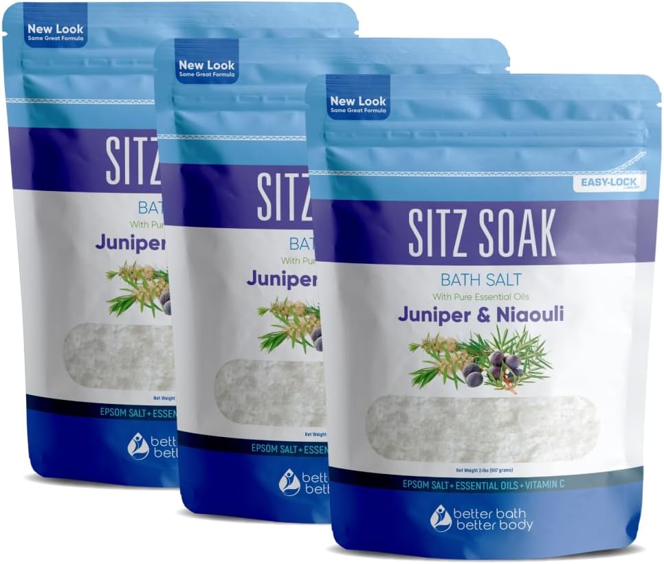 - Sitz Bath Salt (3 Pack Soaks Bundle) Hemorrhoid Soothing Sitz Soak USP Grade Epsom Salt 3 Pouches 6 Lbs Total with Pure Essential Oils in BPA Free Pouch with Easy Press Seal Made in USA