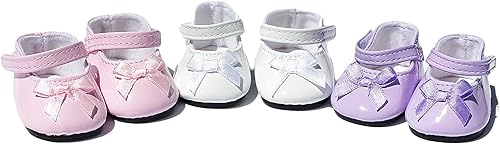 Zapatos de muñeca de 18 pulgadas, 3 pares de lazos Mary Janes, se adapta a muñecas de niña de 18 pulgadas (rosa, morado blanco)