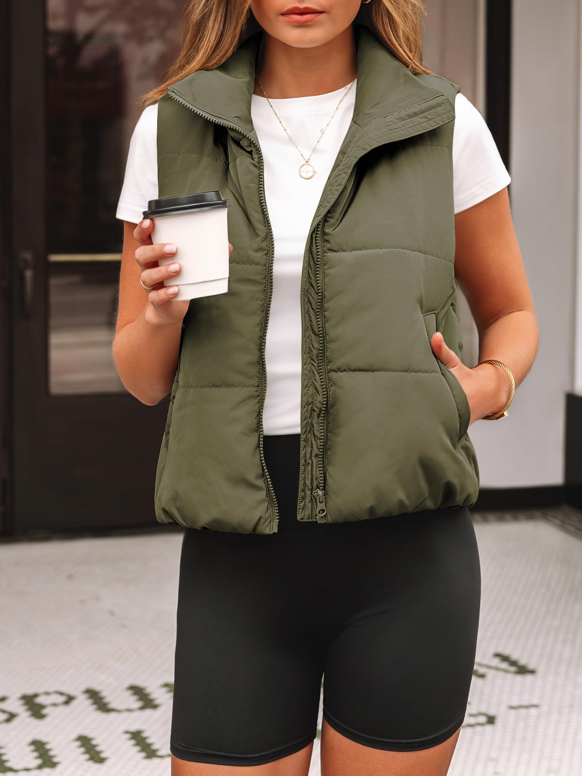 AUTOMET Women‘s Cropped Puffer Vest, Y2K Inspired Sleeveless Gilet for Fall Winter Spring, Casual to Street Outerwear: Army Green X-Small