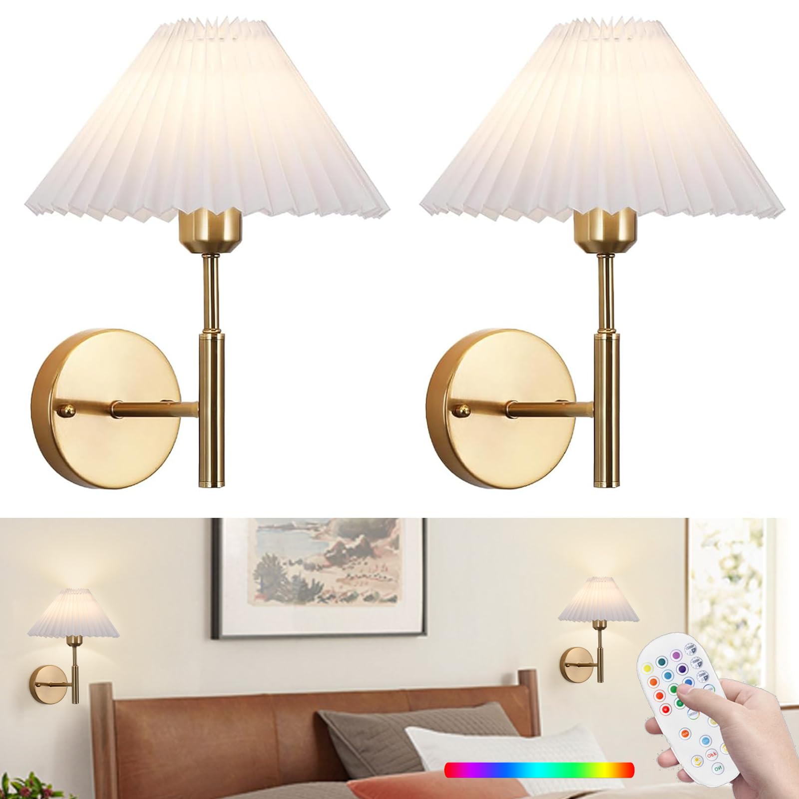 Rechargeable Wall sconces Set of Two,Battery Operated Wall sconce with Remote Control,Wireless Wall lights Dimmable,15 Color Changing,Gold Battery Wall Lamp no wiring for Bedroom Living Room Hallway