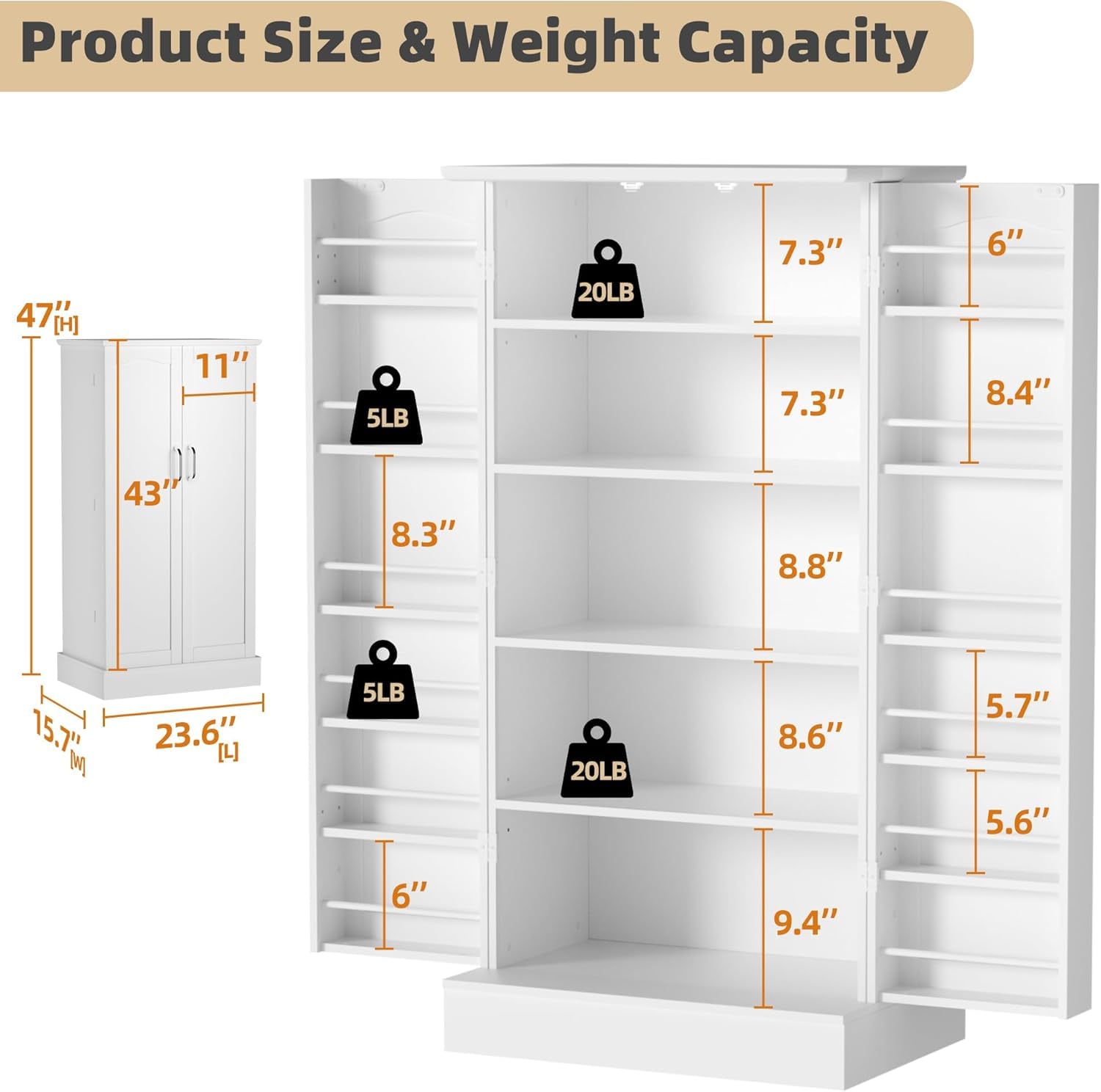 Feonase Freistehender Küchenbuffet Weiß 120x60x40 cm - Stauraumschrank mit 5 Ebenen & 12 Ablagen in Türen - Mehrzweckschrank mit Profil-Front - Vorrats-/Putz-/Flurschrank für Küche, Flur